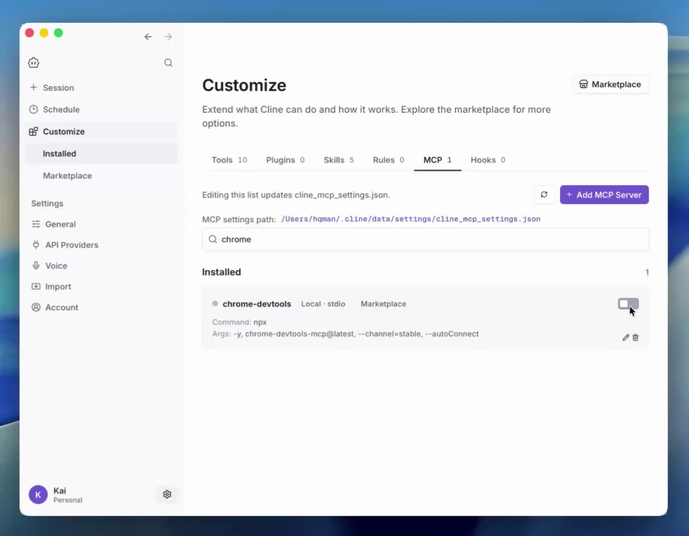 Cline Customize MCP screen with chrome-devtools installed using --autoConnect