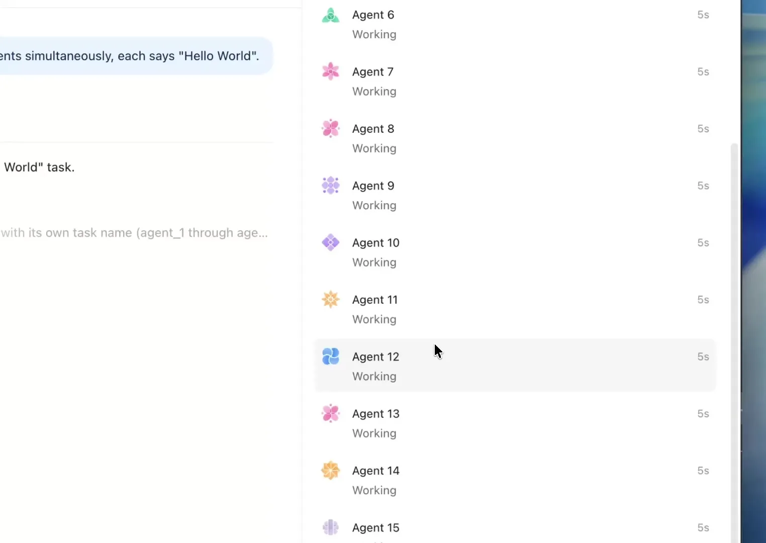 Codex subagent panel showing Agents 6 through 15 working in parallel on a Hello World task