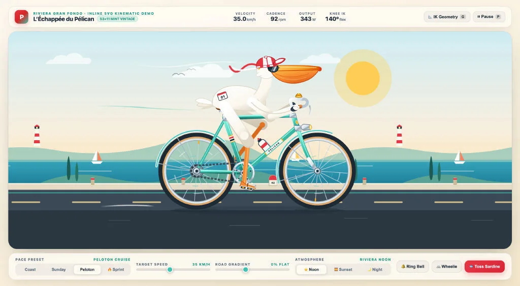 Gemini 4 Argon interactive SVG demo showing a pelican in a red-and-white cap and sunglasses riding a mint-green vintage bicycle along a coastal road