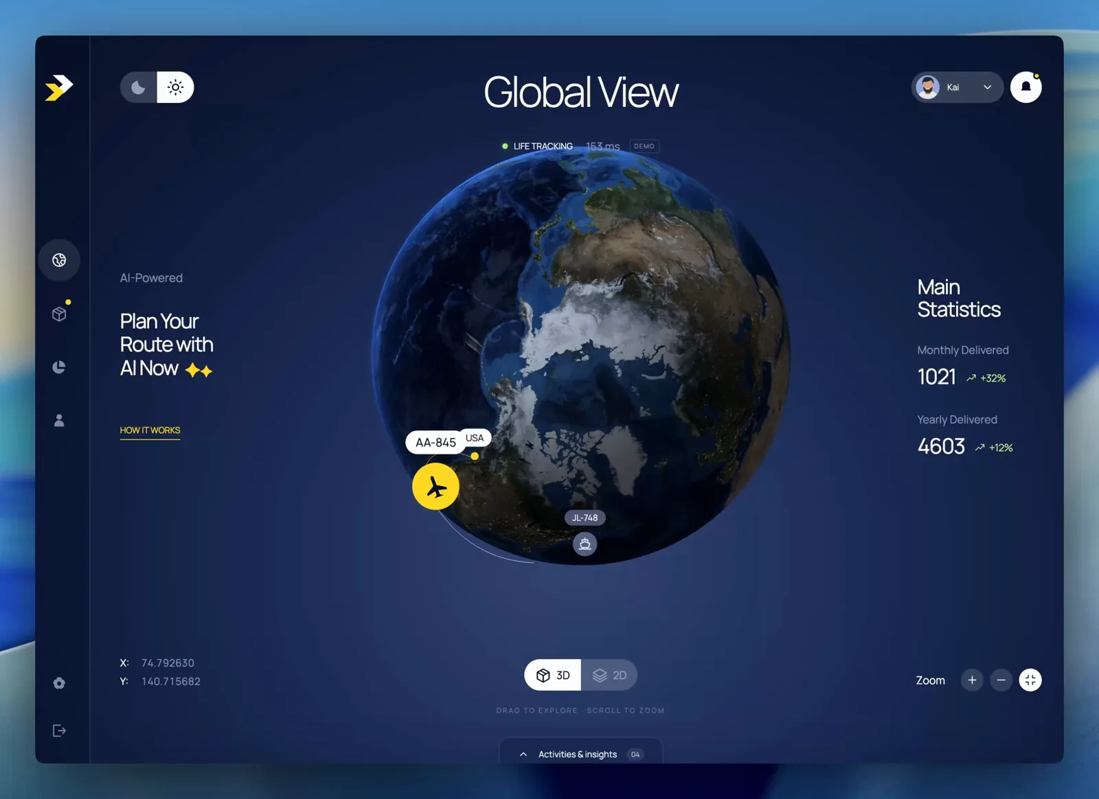 GPT-6 Astra 3D globe dashboard with route markers and cargo statistics