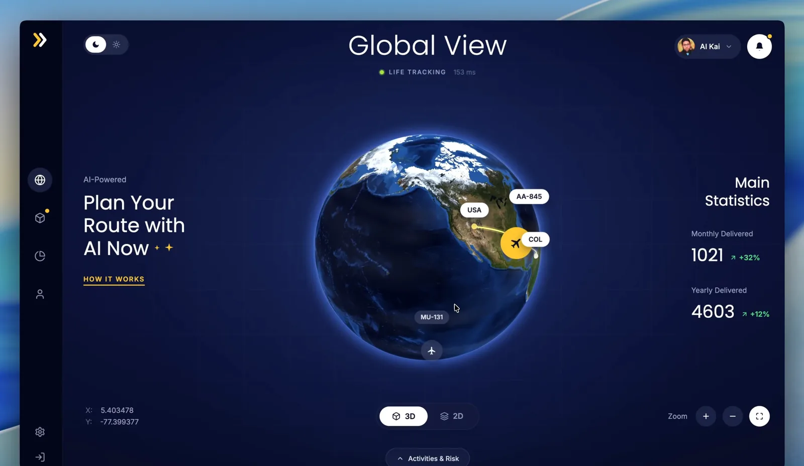 Ox Alpha 3D globe dashboard demo with Global View, route markers, and live statistics