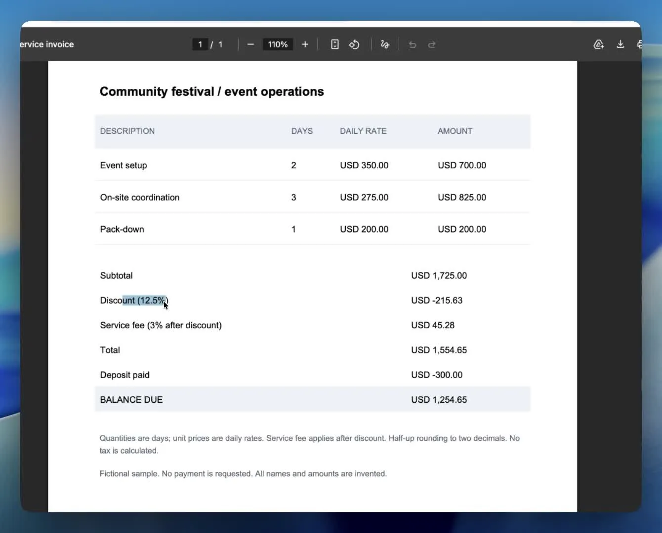 Fictional festival invoice PDF showing day rates, a 12.5% discount, and the balance due
