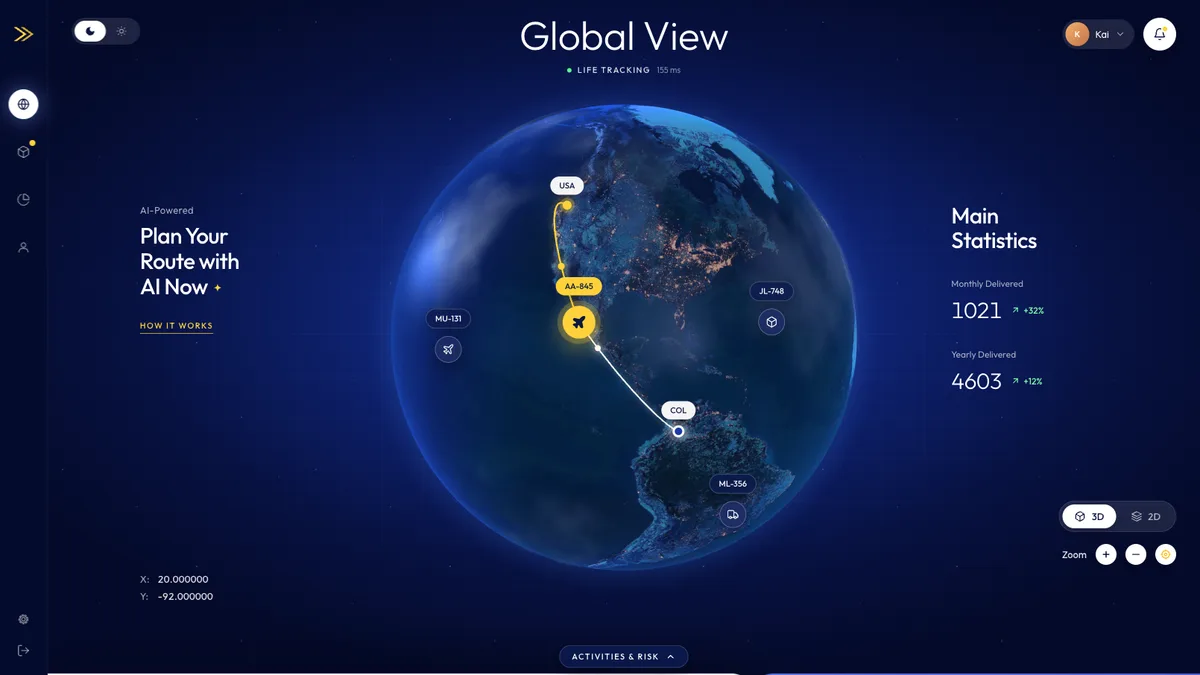 Global View Haiku 3D logistics globe dashboard with route markers and statistics
